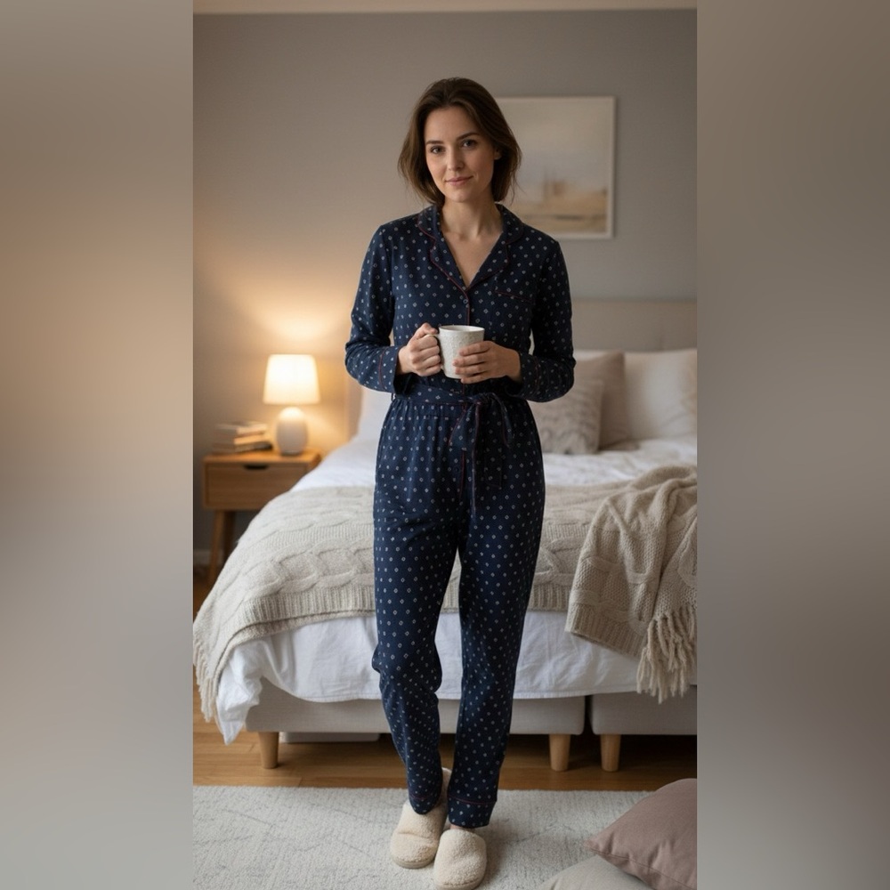 Navy Blue Pajama Set with Red Accents
